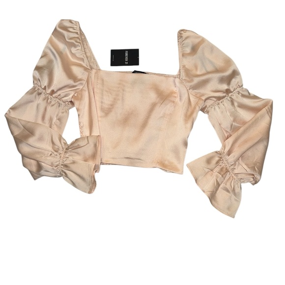 Size Small NWT Beige Champagne Peasant Long Sleeve Woven Crop top Forever 21 - Picture 7 of 9